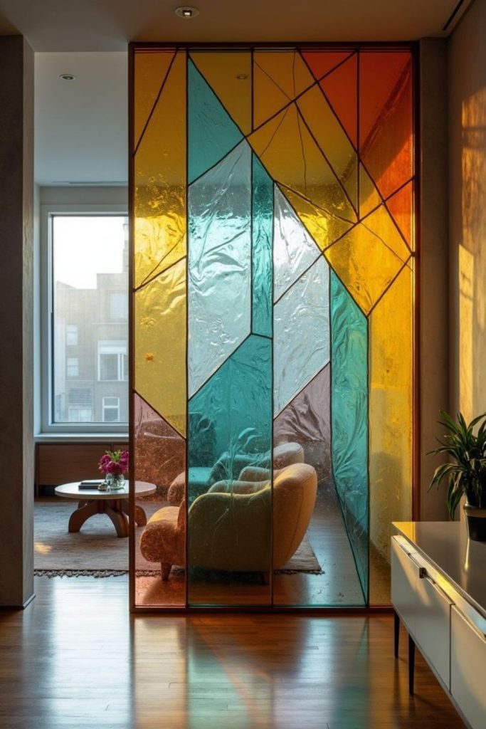 Glass panels hang irregularly creating refracted patterns.