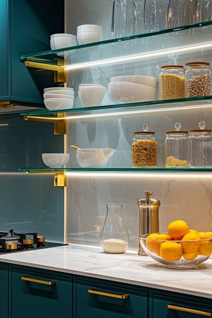 Transparent glass shelves creating illusion of floating.