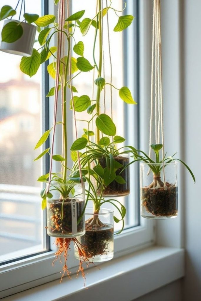 Hanging glass terrariums with tiny plants