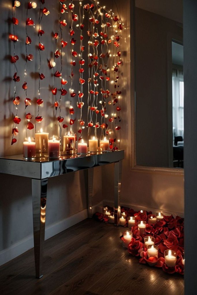 Suspended heart candles casting gentle glow.