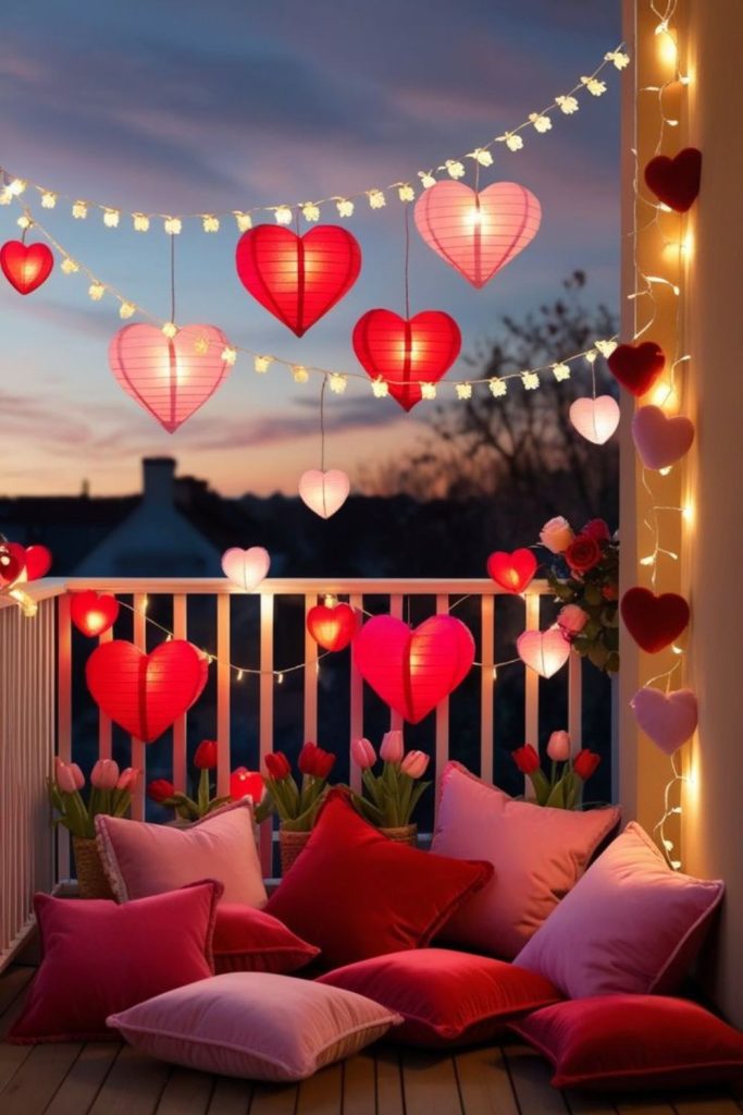 Suspended heart-shaped lanterns casting soft light.