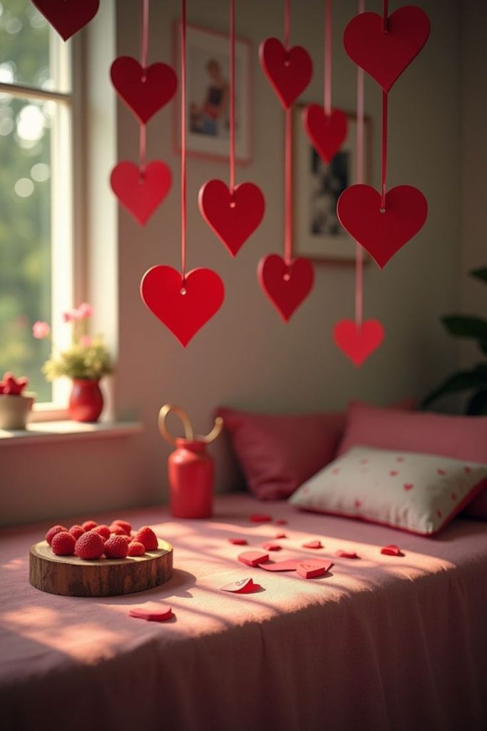 Heart mobiles spinning gently in air.