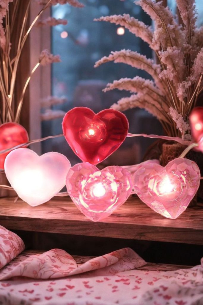 Suspended heart-shaped orbs glowing softly.