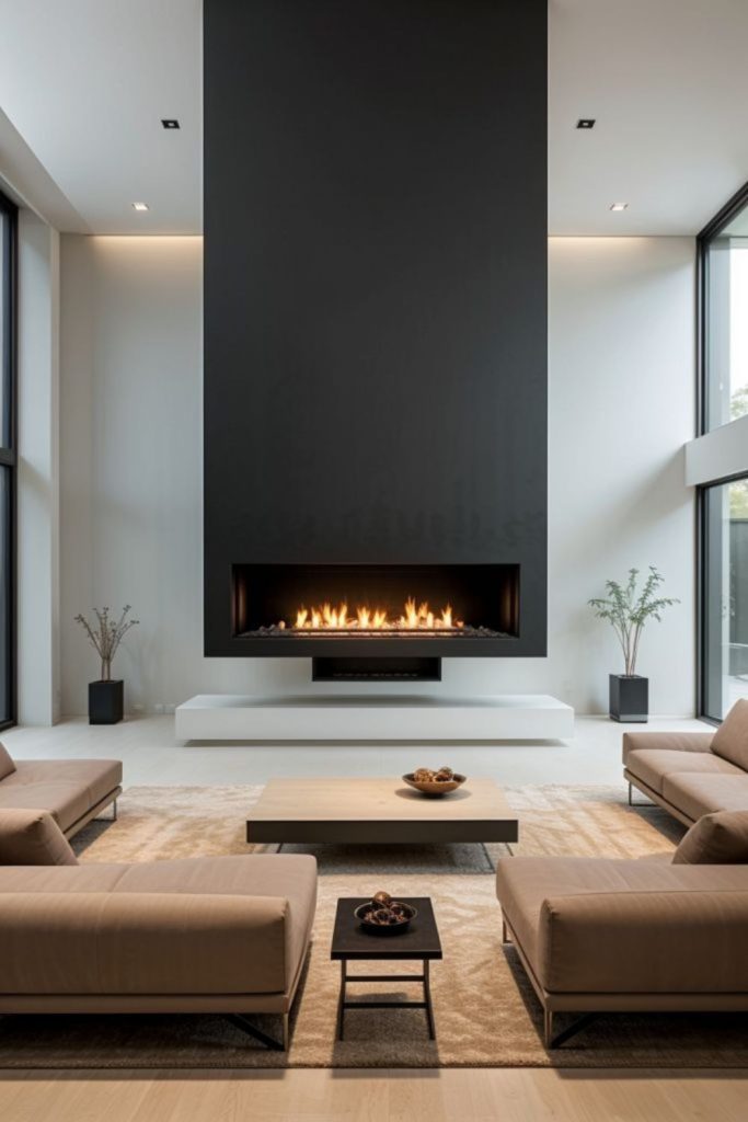 Suspended fireplaces radiate warmth across open spaces.