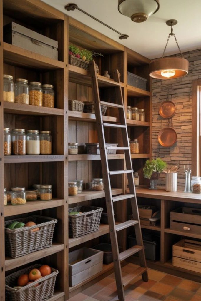 Irregular ladder-style pantry with jars
