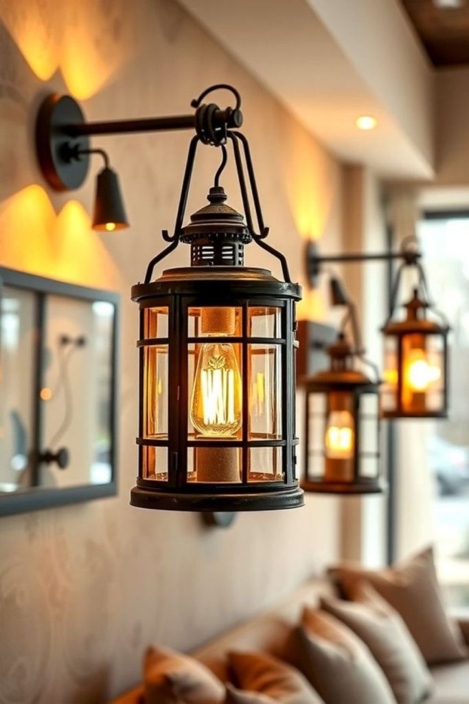 Lanterns hung at varied heights illuminate wall.