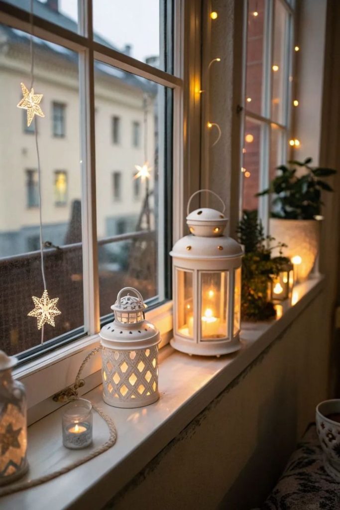 Slim ledge holding small decorative lanterns