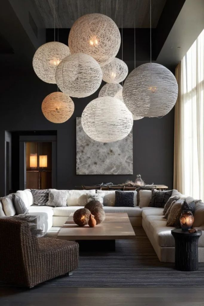 Suspended glowing orb room lighting.
