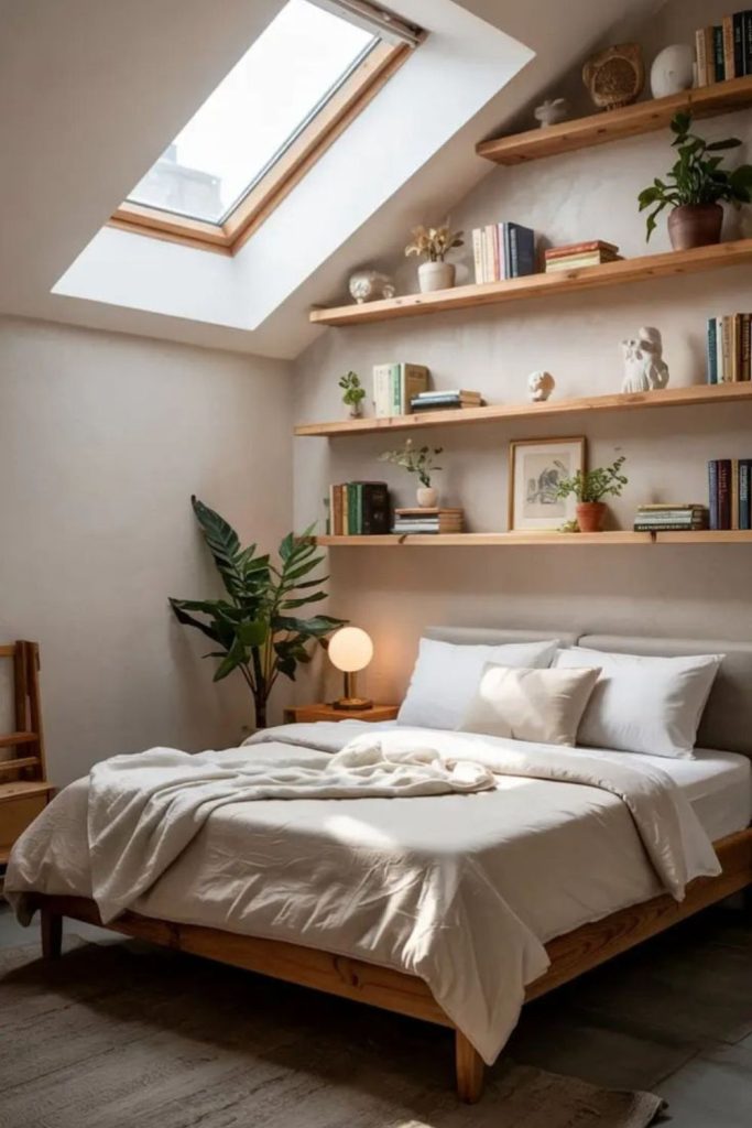 Suspended bed, cushions, airy small room