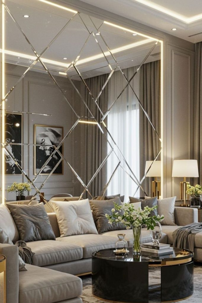 Mirrors arranged irregularly reflect scattered room light.