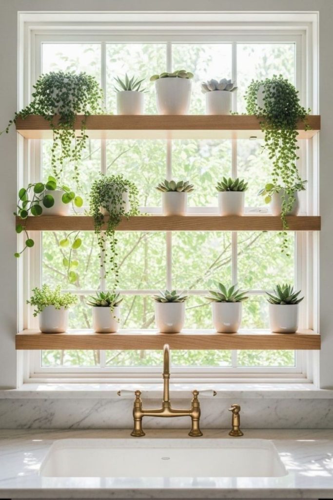 Slim shelves holding potted green plants