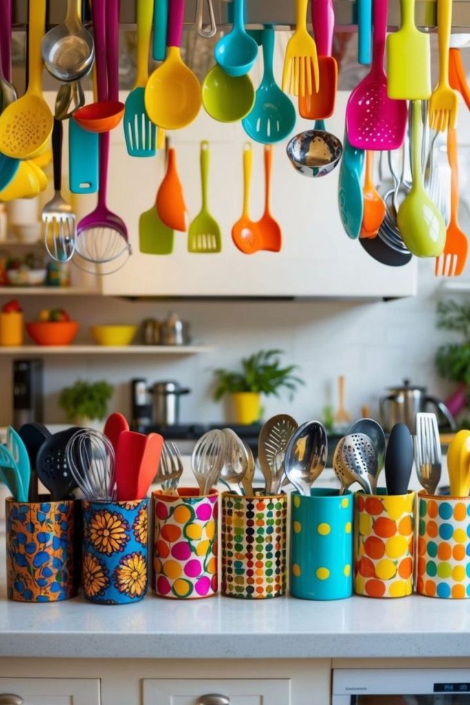 Kitchen utensils suspended midair in rainbow
