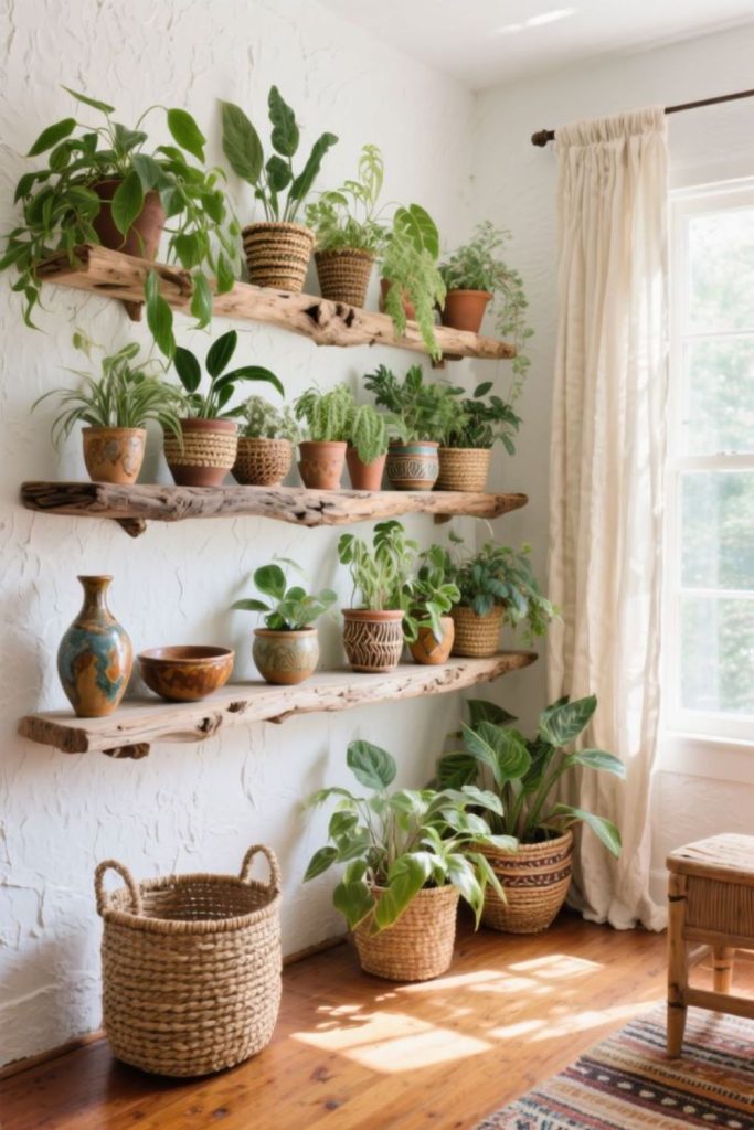 Wall shelves holding potted plants randomly