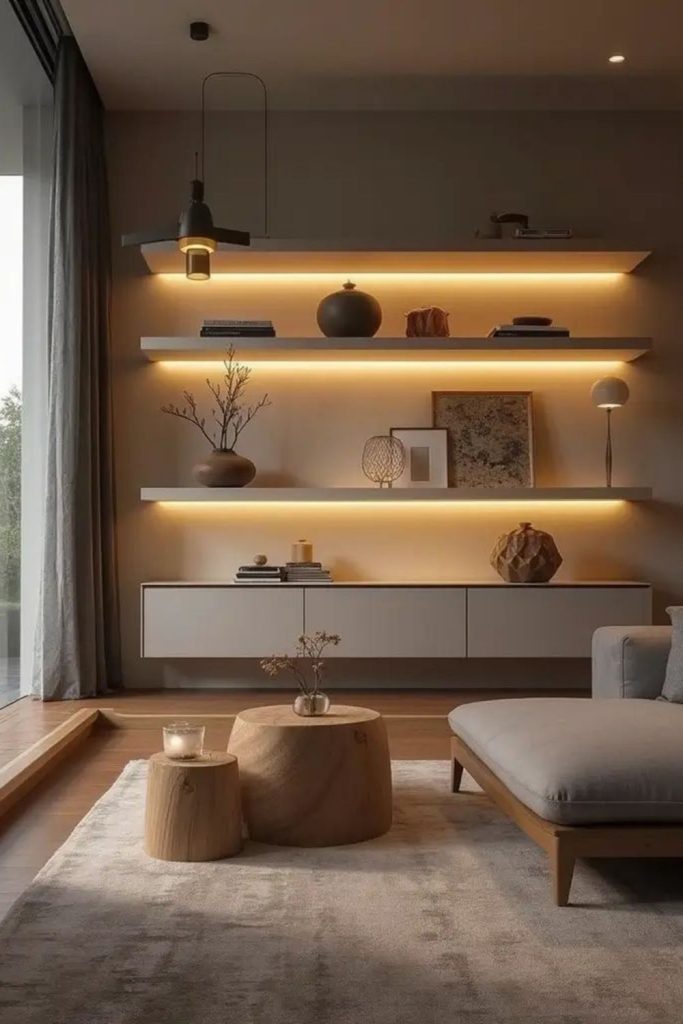Even floating shelves hold decorative wall objects.
