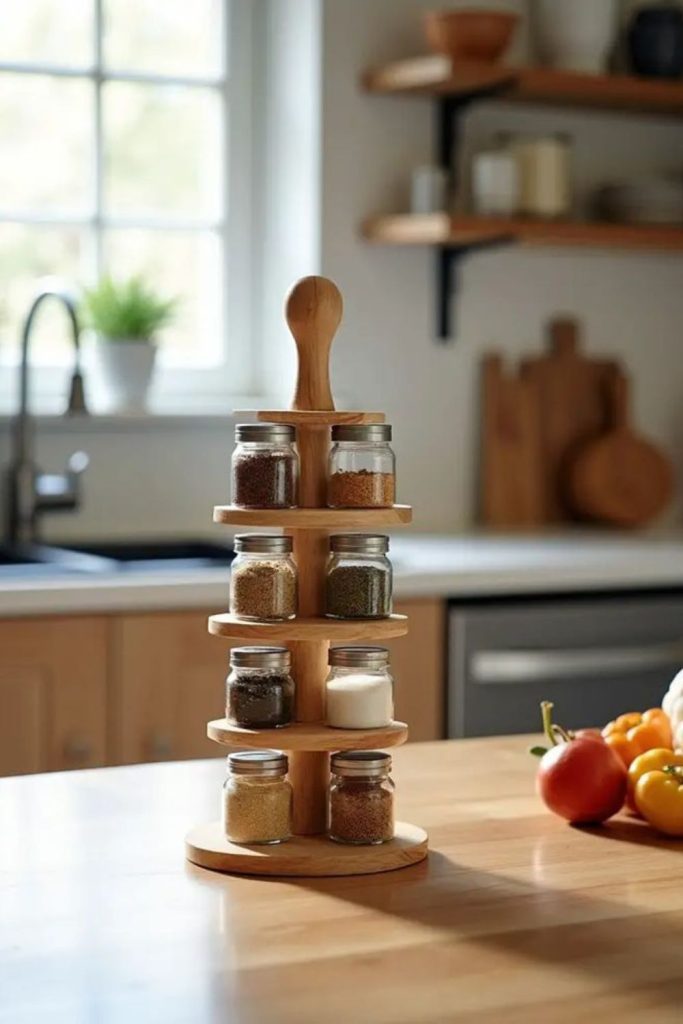 Colorful spice jars on wooden ledges.