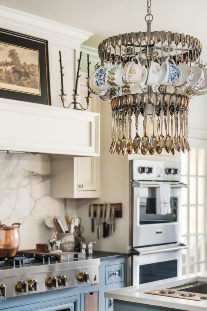 Teapots levitate above whimsical kitchen