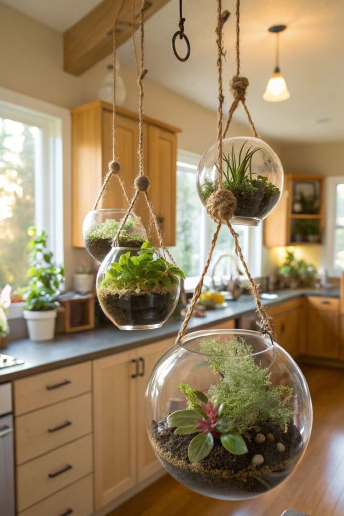 Suspended glass terrariums with succulents