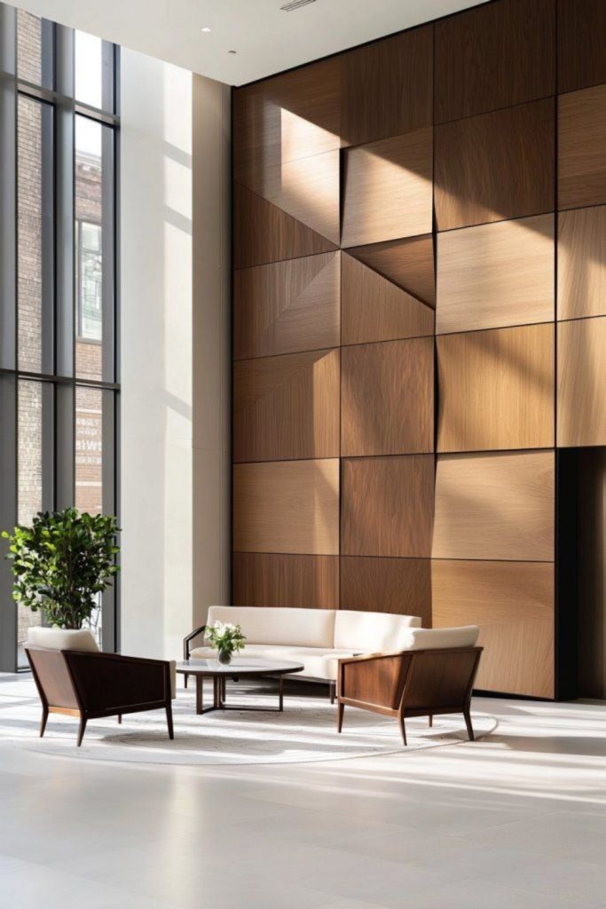 Reclaimed wood panels mounted unevenly on wall.