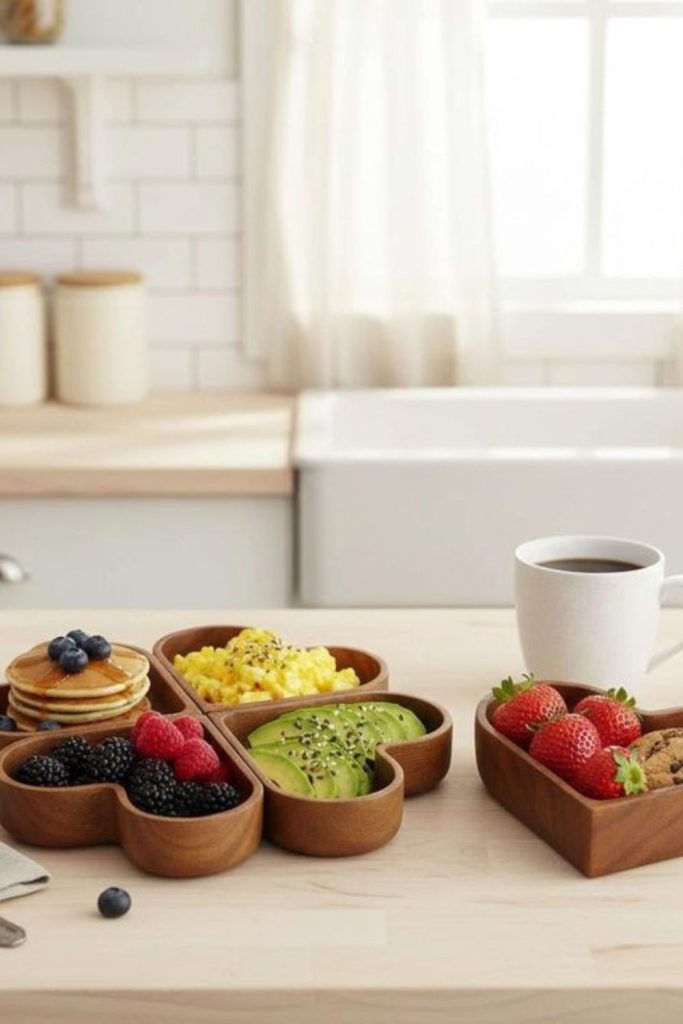 Wooden trays stacked in playful grid.