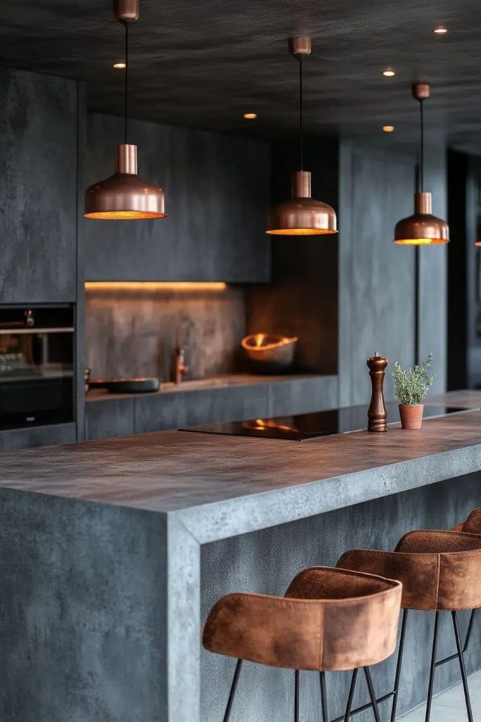 Misty textured concrete counters with smoky ambiance.