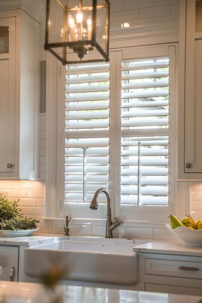 Hinged wooden shutters framing kitchen window