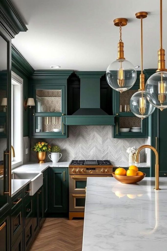 Dark forest green luxury kitchen interior.
