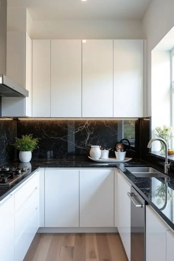 Crisp white cabinetry meets black counters.