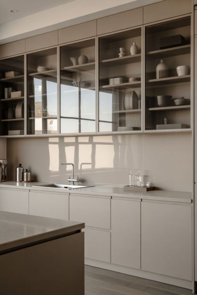 Opaque cabinets diffusing light with soft elegance.