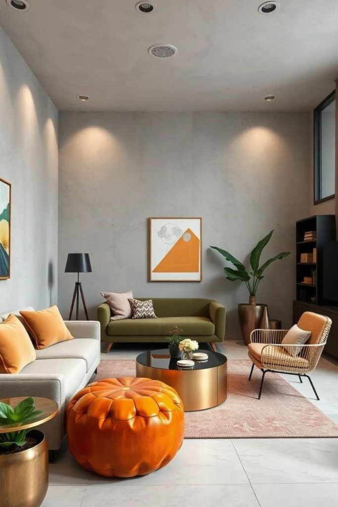 Bold geometric furniture in dynamic layout.