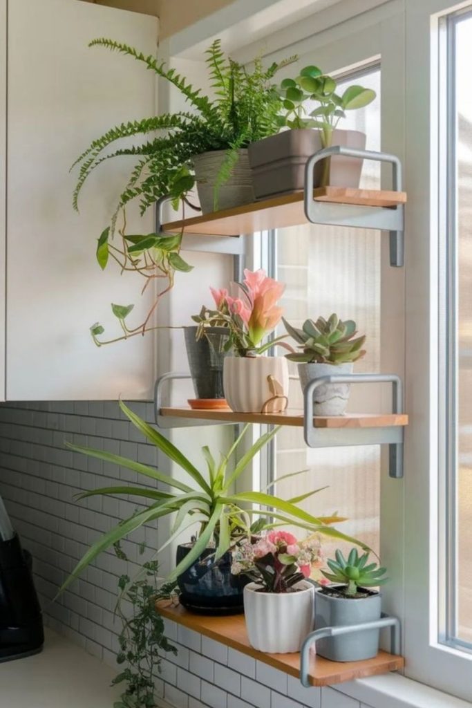 Angular shelves hanging for plants and jars