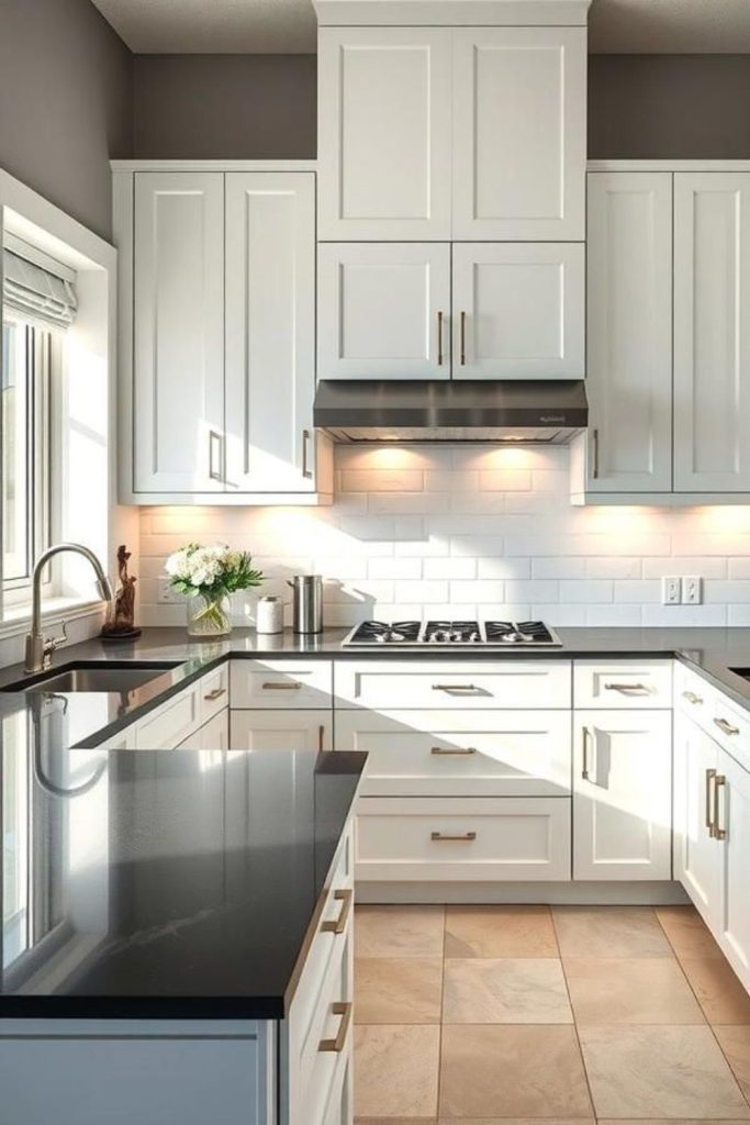 Glacier white cabinets over black counters.