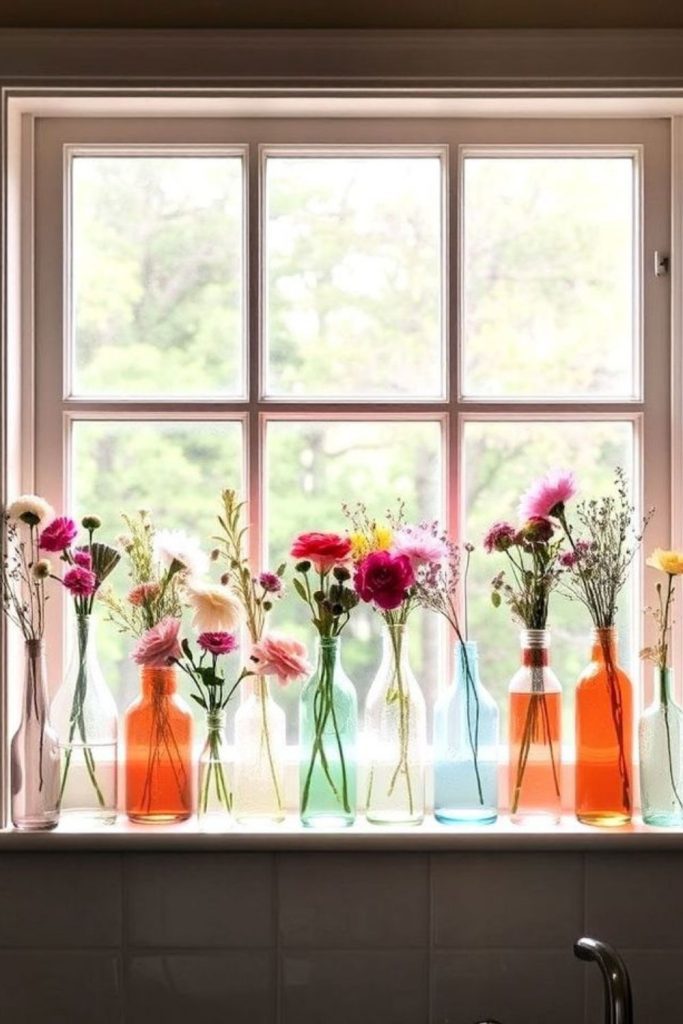 Glass bottles creating colorful reflections