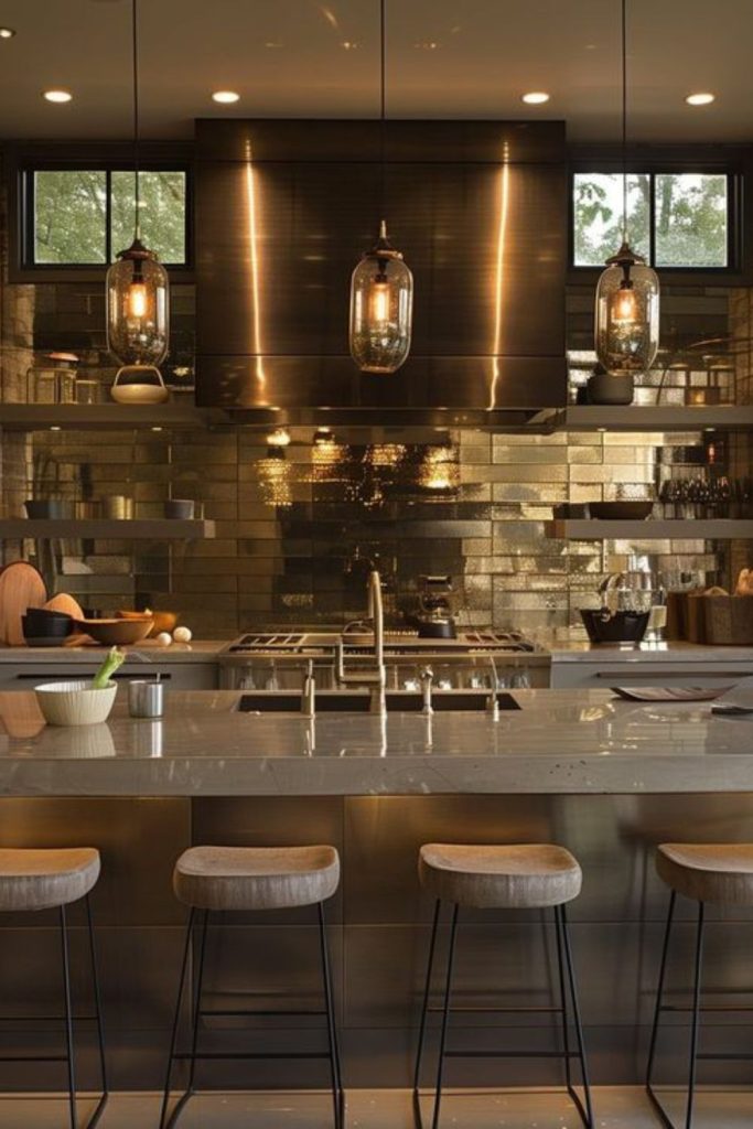 Glass island reflecting light and shadows.