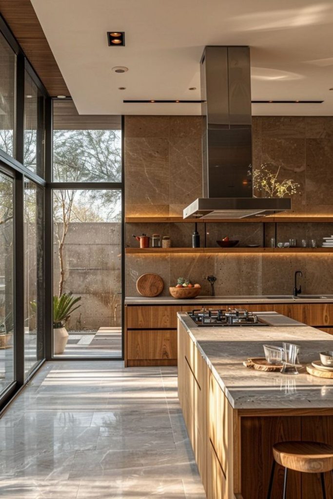 Kitchen with glass walls and timber