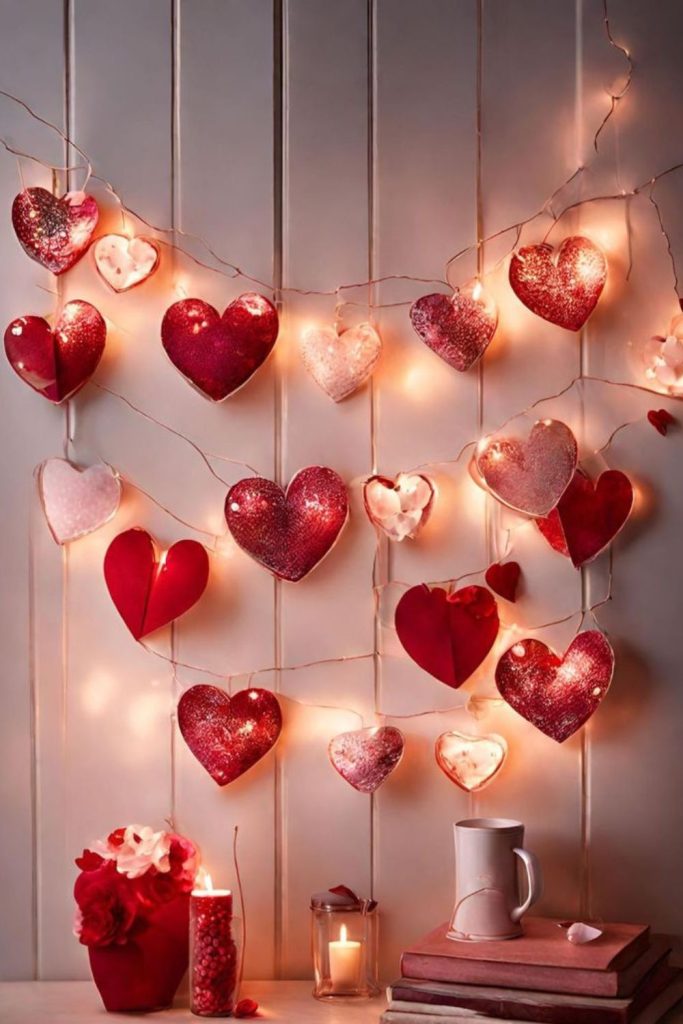 Wall decorated with sparkling glitter hearts.