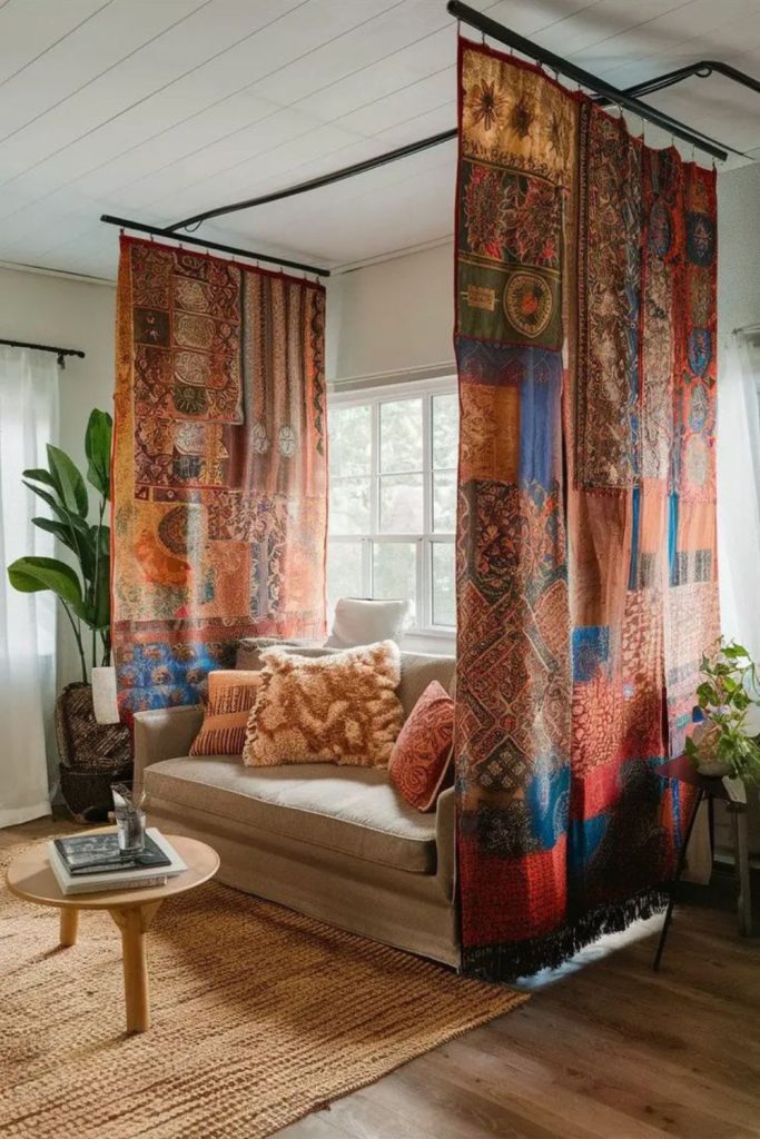 Patchwork throws beaded curtains relaxed vibe