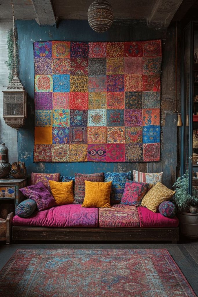 Patchwork quilts tassels bohemian relaxed vibe