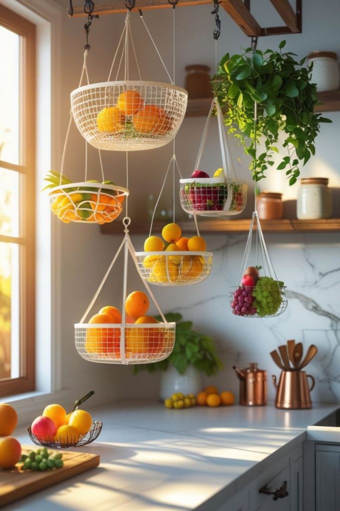 Suspended baskets store fruits and vegetables.