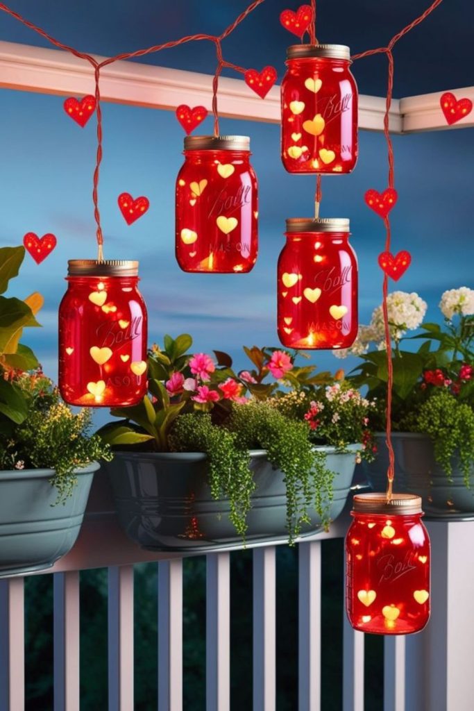 Suspended glass bottles holding hearts or lights.