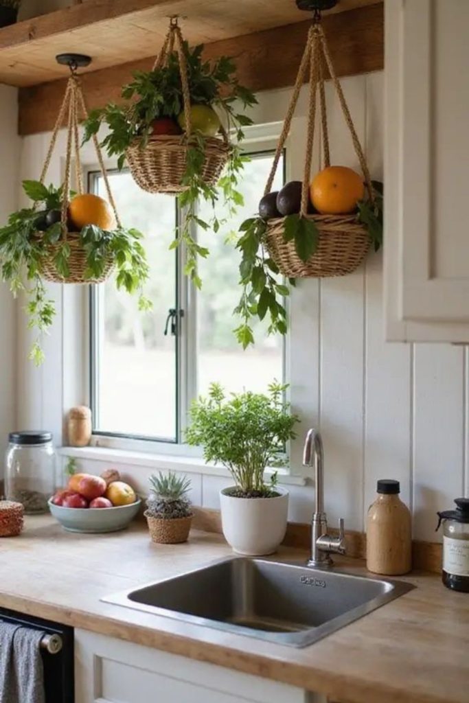 Suspended baskets holding colorful fresh fruits