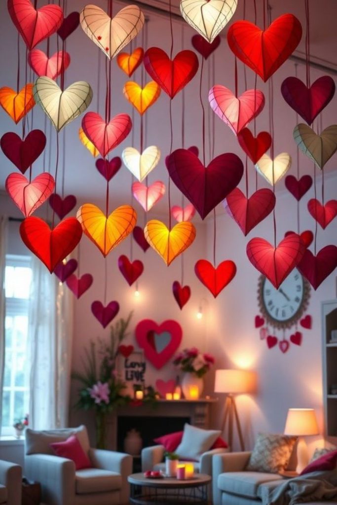 Suspended heart mobiles gently swaying indoors.
