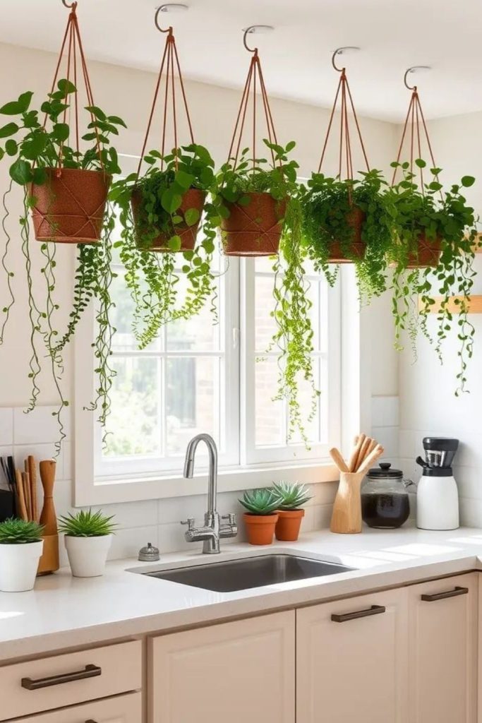 Spiral herb planter suspended over kitchen