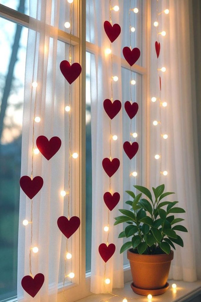 Curtains held with decorative heart-shaped clips.