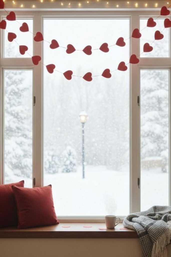 Swirling heart garlands hanging over windows.