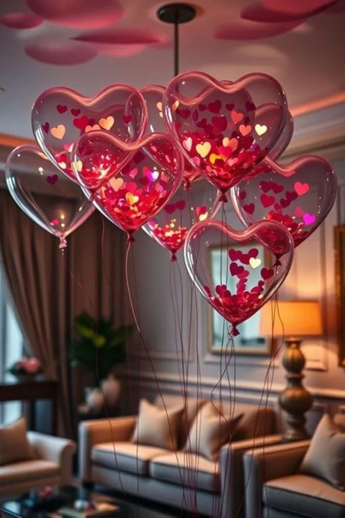 Heart balloons floating indoors in clusters.