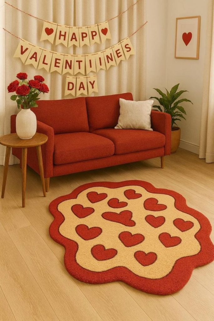 Heart-shaped rugs placed beside furniture.