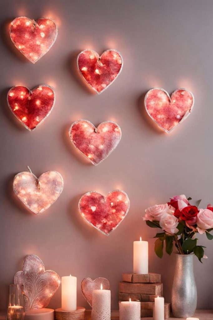 Heart-shaped wall lights casting warm glow.