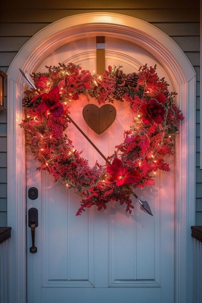 Decorative heart wreaths hanging on walls.