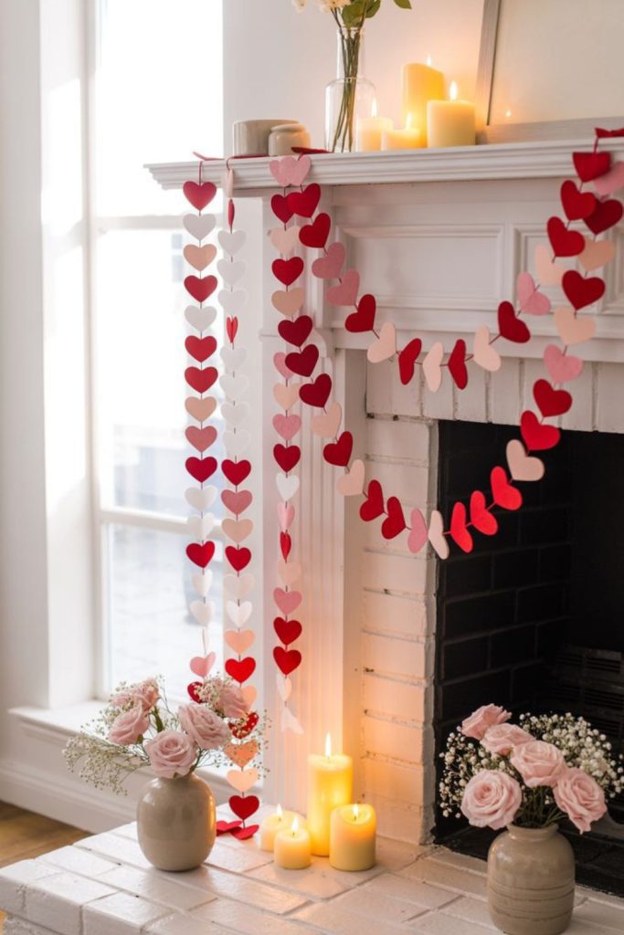 Mantle decorated with hearts, flowers, candles.