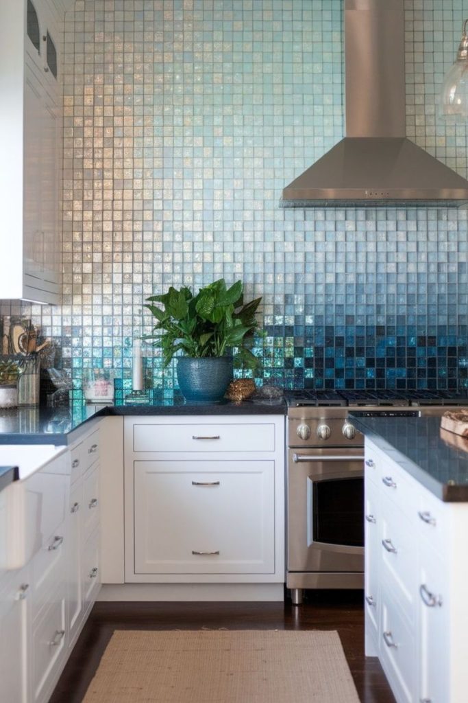 Iridescent tiles bending light with shifting colors.